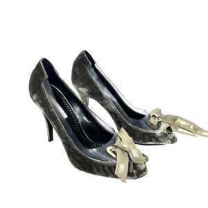 Stella Mccartney Womens EU 40 Gray Velvet Bow Peep Toe Pumps Stiletto Heels